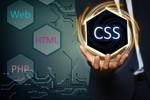 Web development. Man using button CSS on virtual screen, closeup Stock Photos