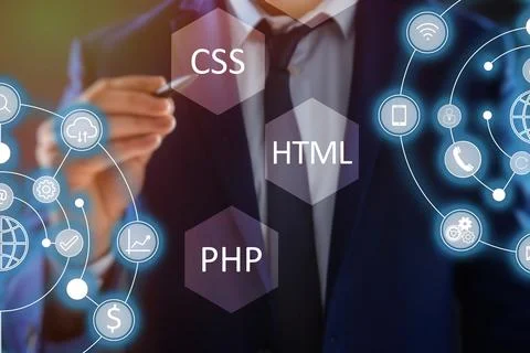 Web development. Man using button CSS on virtual screen, closeup Stock Photos