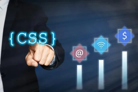 Web development. Man using button CSS on virtual screen, closeup Stock Photos