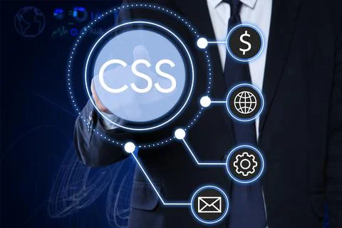 Web development. Man using button CSS on virtual screen, closeup 스톡 사진