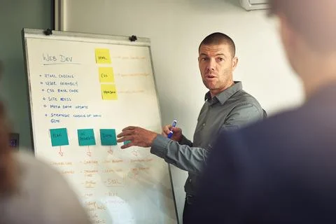Web development, mentor with whiteboard and in a business meeting of their Stock Photos