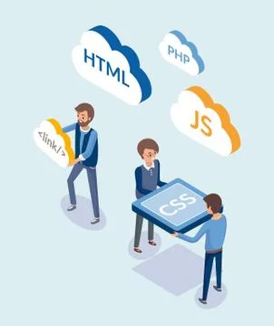 Web Development, People with Coding Languages Stock Illustration
