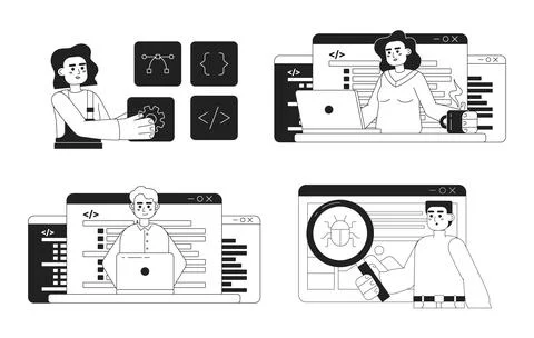Web development process black and white concept vector spot illustrations pack Stockillustratie