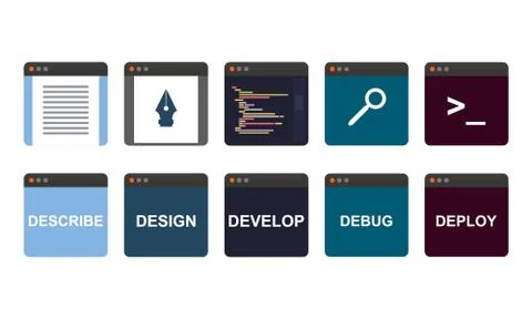 Web development process, descripe, design, develop, debug, deploy Stock Illustration