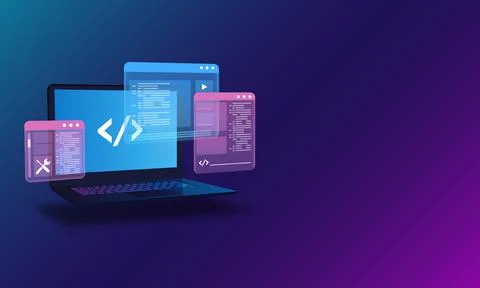 Web Development, Programming and Code Testing UI Concept with Laptop Displaying Stock Illustration