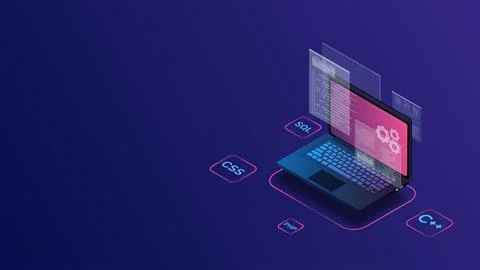 Web development, programming and code testing with Isometric Laptop Stock Illustration