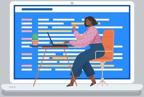 Web development. Programming languages. Programmer cartoon character developing Stock Illustration