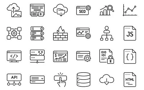 Web Development SEO Cloud Database Line Icon Set Stock Illustration