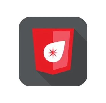 Web development shield red drop star sign isolated icon on grey badge with long Illustrazione stock