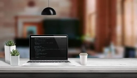 Web development studio concept. Laptop vith script code editor. Copy space be Stockfoto's