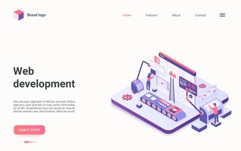 Web development technology isometric landing page, developer coder team of Stock Illustration