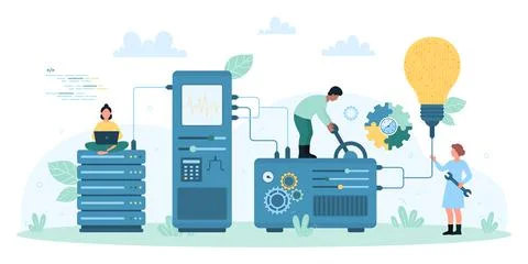 Web development technology, tiny people develop product with laboratory Illustrazione stock