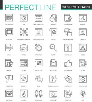 Web development thin line web icons set. SEO Online shopping Outline stroke Stock Illustration