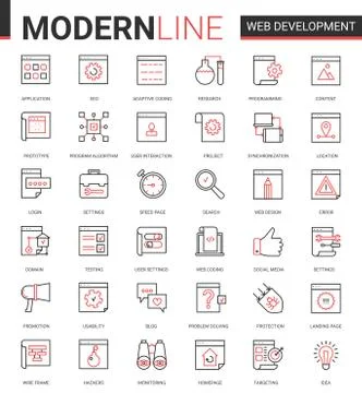 Web development thin red black line icon vector illustration set, developing イラスト素材