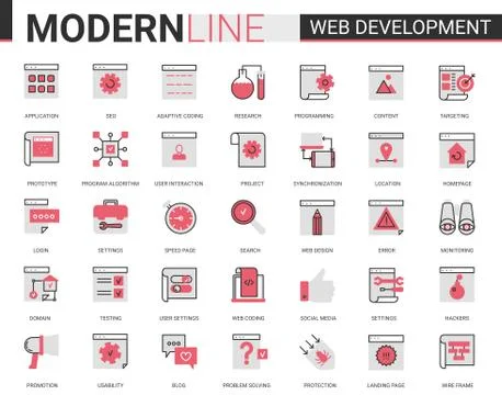 Web development thin red black flat line icon vector illustration set Stock Illustration