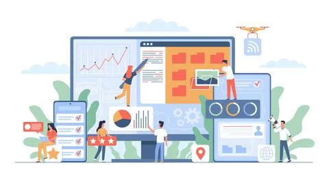 Web development. Tiny people with huge laptop tablet and phone. Software Stock Illustration