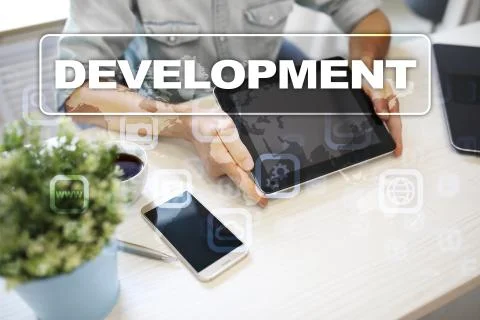 Web development tools concept on virtual screen. Programming language and Fotos de archivo