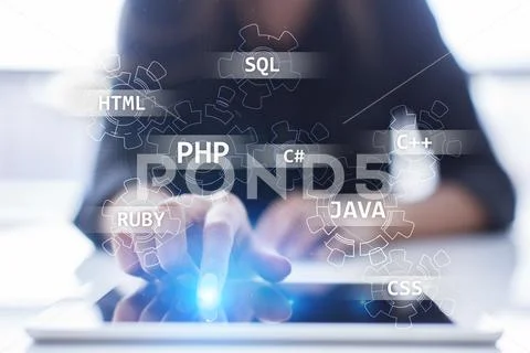 Web development tools concept on virtual screen. Programming language and Stock Photos