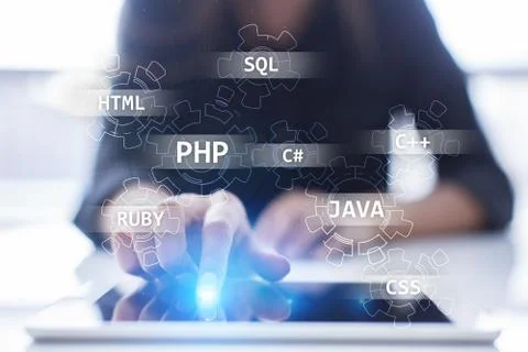 Web development tools concept on virtual screen. Programming language and Stock Photos