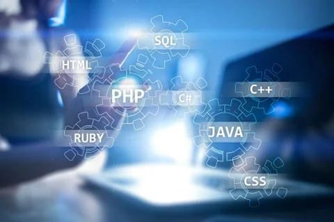 Web development tools concept on virtual screen. Programming language and 스톡 사진