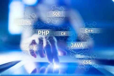 Web development tools concept on virtual screen. Programming language and Stock Photos