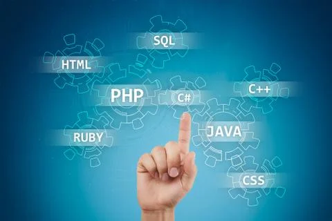 Web development tools concept on virtual screen. Programming language and 写真素材