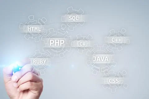 Web development tools concept on virtual screen. Programming language and Stock Photos