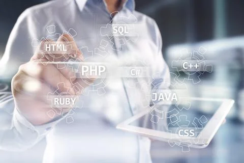 Web development tools concept on virtual screen. Programming language and Stockfoto's