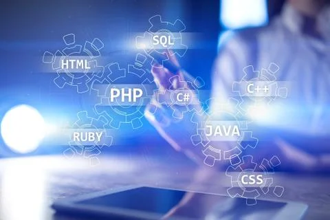 Web development tools concept on virtual screen. Programming language and Stock Photos