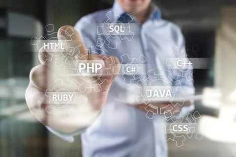Web development tools concept on virtual screen. Programming language and Stockfoto's