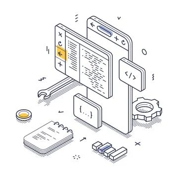 Web development tools in an isometric line art style, including code snippets Stock Illustration