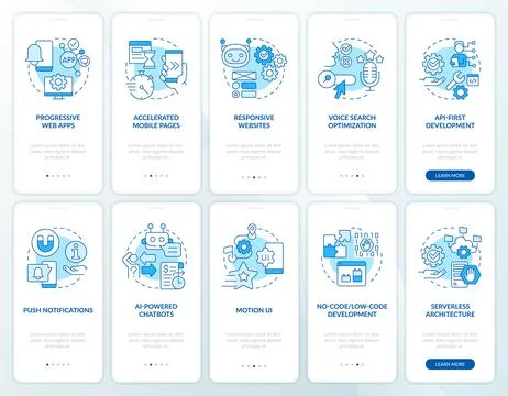 Web development trends blue onboarding mobile app screen set Illustrazione stock