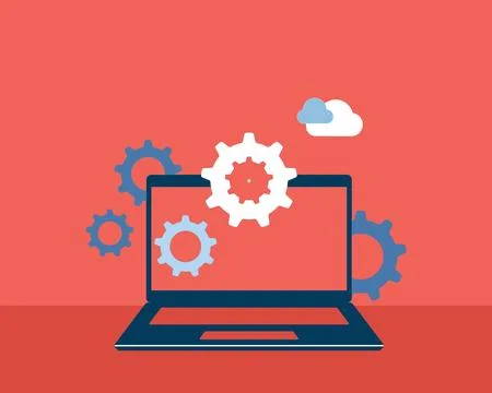 Web development vacancy,Laptop with gears and cloud computing. Vector illus.. Stock Illustration