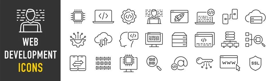 Web Development web icons in line style. Programming, code, mobile app, dev.. Illustration