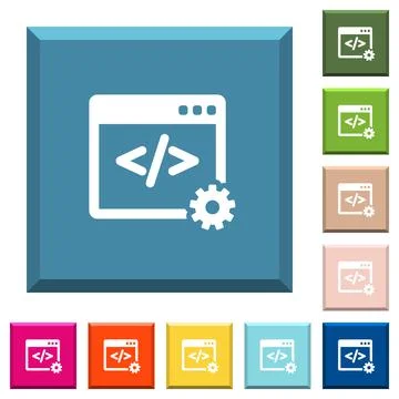Web development white icons on edged square buttons Stock Illustration