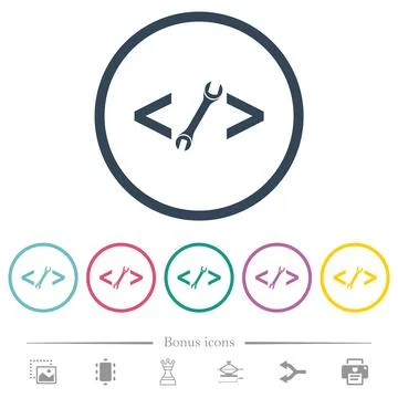 Web development with wrench flat color icons in round outlines Illustrazione stock