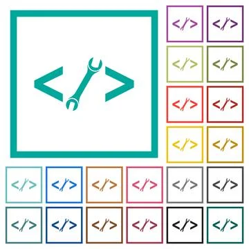 Web development with wrench flat color icons with quadrant frames Illustrazione stock