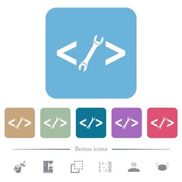Web development with wrench flat icons on color rounded square backgrounds 库存插图