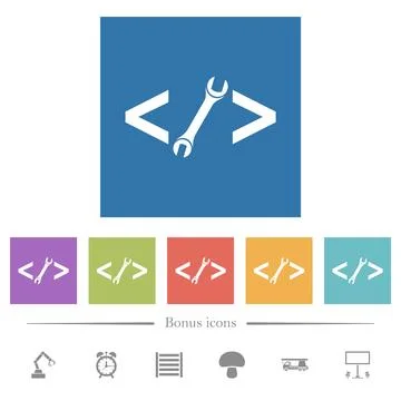 Web development with wrench flat white icons in square backgrounds Illustrazione stock