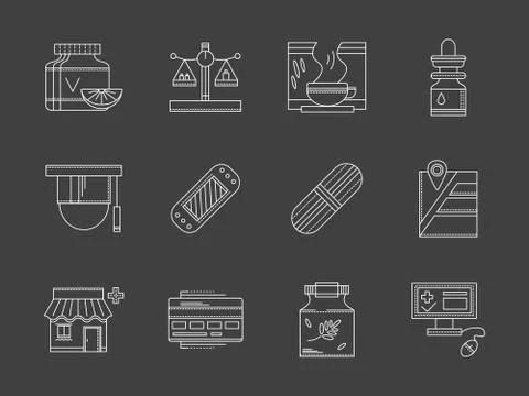 Web drugstore white flat line vector icons Stock Illustration