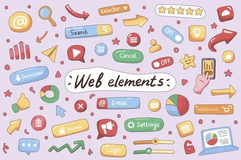 Web elements cute stickers set in flat cartoon design. Collection of button,  Stock Illustration