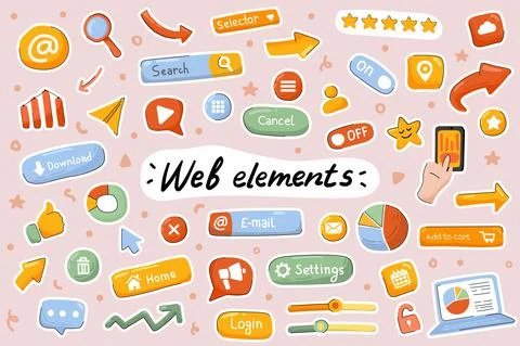 Web elements cute stickers template set. Bundle of site navigation, menu butt 스톡 일러스트
