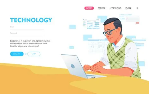 Web engineer programming web sites on laptop landing page template, vector il Stock Illustration