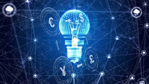 Web forming, starting holo bulb assembling filament, currency rings orbiting, Video stock 332642088