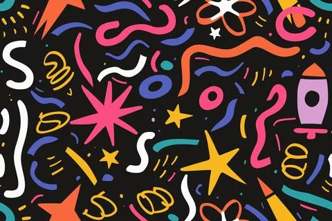 Web Fun shapes children seamless pattern. Space geometric neon bright color Stock-Illustration