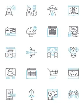 Web gaming linear icons set. Online, Multiplayer, Virtual, Interactive, Casual Stock Illustration