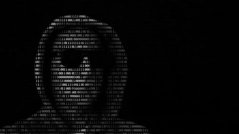 Web hacker in dark glass and hoodie looking to binary matrix code on black Stock Footage 143904989