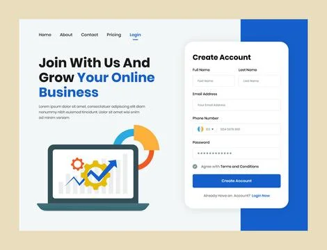 Web header with account creation form and business growth illustration Stock Illustration