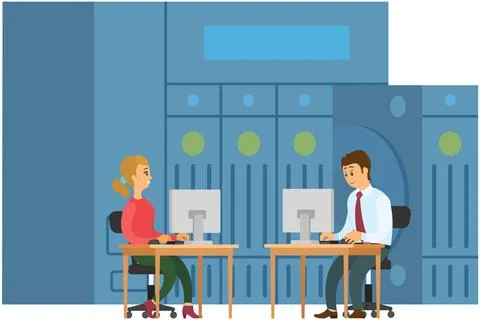 Web hosting and administrators in virtual server room, datacenter and database Stock Illustration