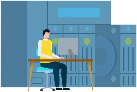 Web hosting and administrators in virtual server room, datacenter and database 库存插图